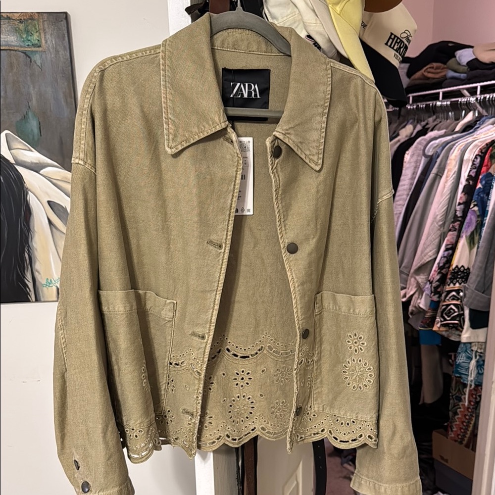 Zara Women's Tan Jacket with Eyelet Hem